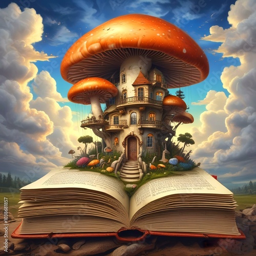 Illustration of gnome house in mushroom building on book pages with amazing heavenly sky behind. photo