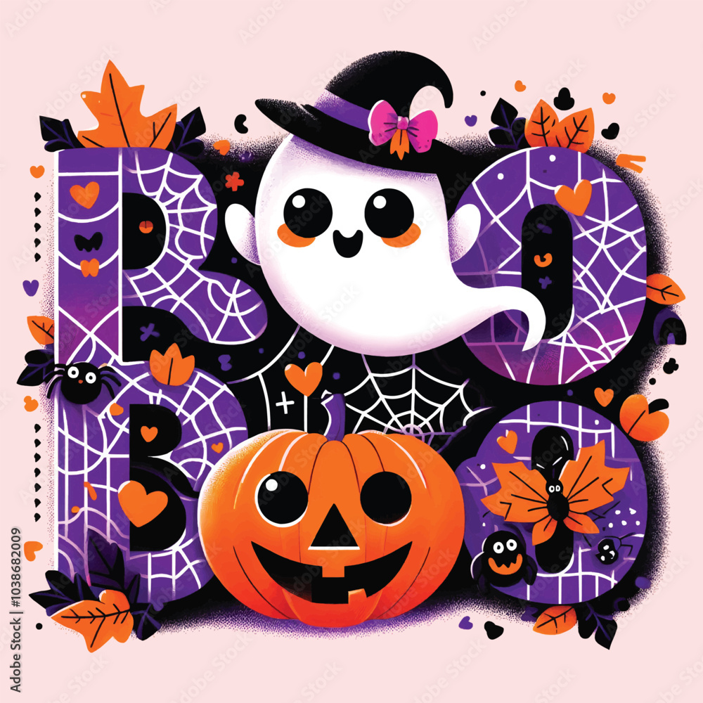 Fototapeta premium Cute Halloween Ghost with Witch Hat and BOO Text Illustration