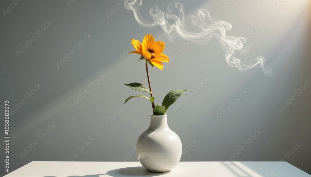Beautiful flower in a vase with smoke swirling around it on a minimalistic background for artistic decoration concept Beautiful flower in a vase with smoke swirling around it on a minimalistic background for artistic decoration concept