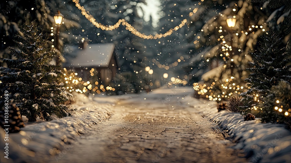 Fototapeta premium A snowy path lined with twinkling lights and trees leads to a cozy cabin, creating a serene winter wonderland scene.