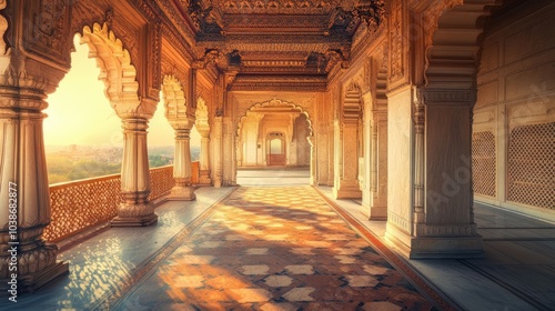 Wind-swept halls of a stunning ancient Indian palace, where grandeur meets serenity, displaying intricate artistry and timeless history