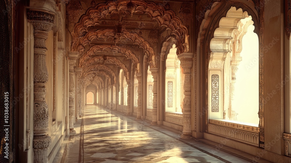 Fototapeta premium Wind-swept halls of a stunning ancient Indian palace, where grandeur meets serenity, displaying intricate artistry and timeless history