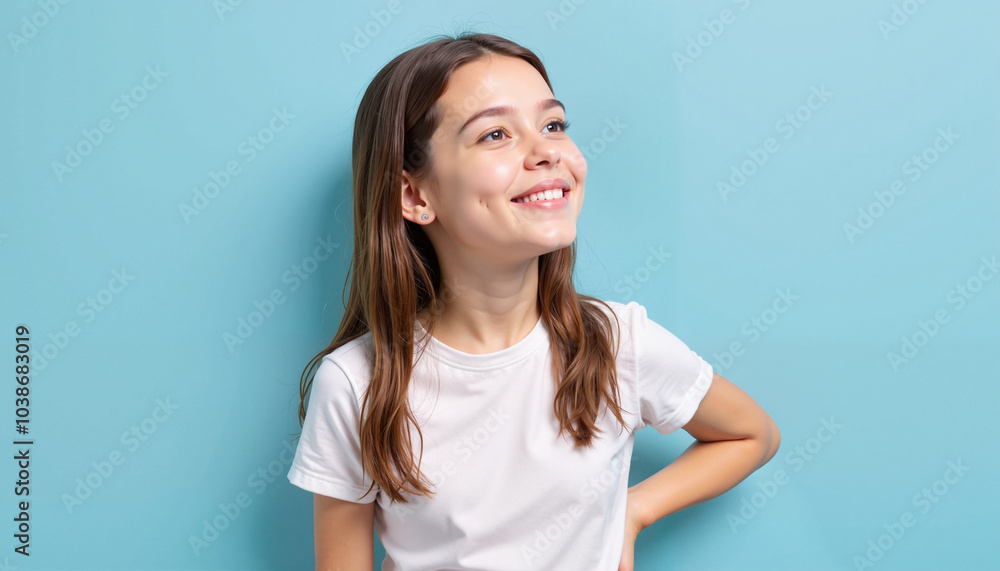 person on a colored background, Smiling young girl looking up with happiness against blue background person on a colored background, Smiling young girl looking up with happiness against blue background