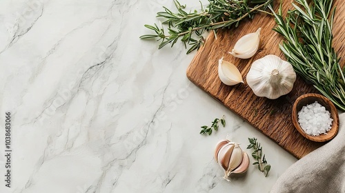 Fresh herbs and garlic on a wooden cutting board, accompanied by coarse salt, create an inviting kitchen scene. photo