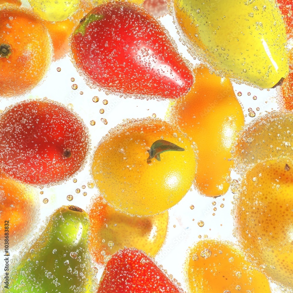 A vibrant assortment of fruits submerged in sparkling water, showcasing freshness and vitality. A vibrant assortment of fruits submerged in sparkling water, showcasing freshness and vitality.