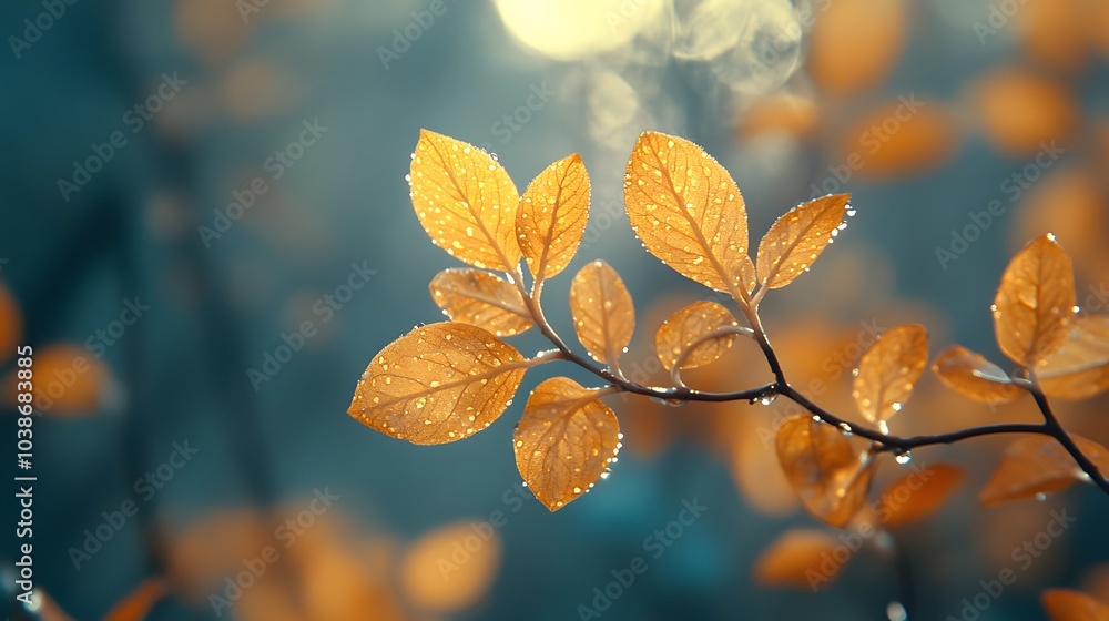 Golden Autumn Leaves with Dew Drops Golden Autumn Leaves with Dew Drops