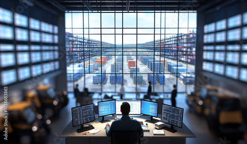 AI generator image of modern management office overseeing a distribution center. The room is filled with professionals in business attire analyzing logistics data on large digital screens. In the back