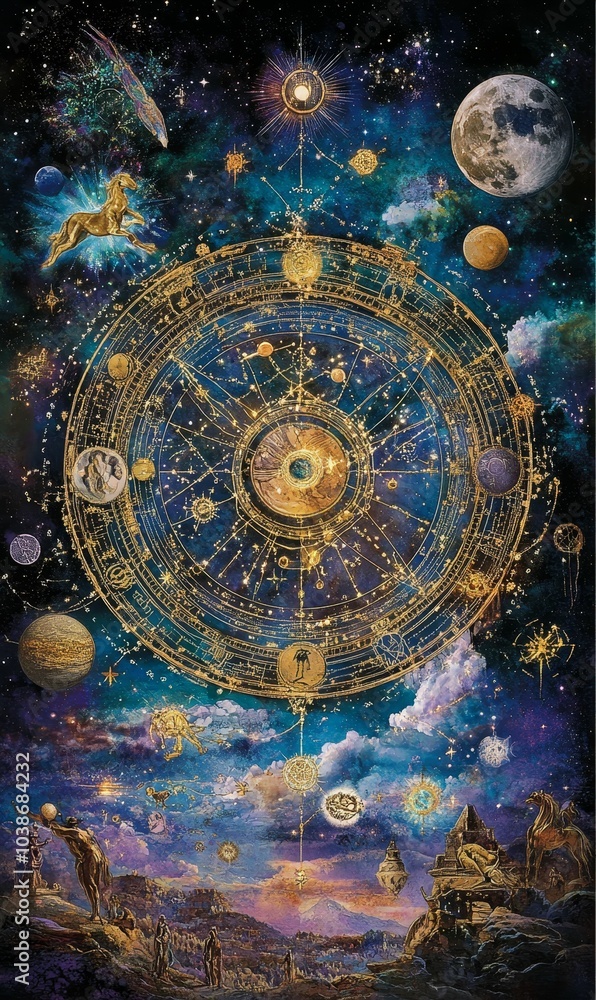 Celestial map with golden details and figures. Celestial map with golden details and figures.