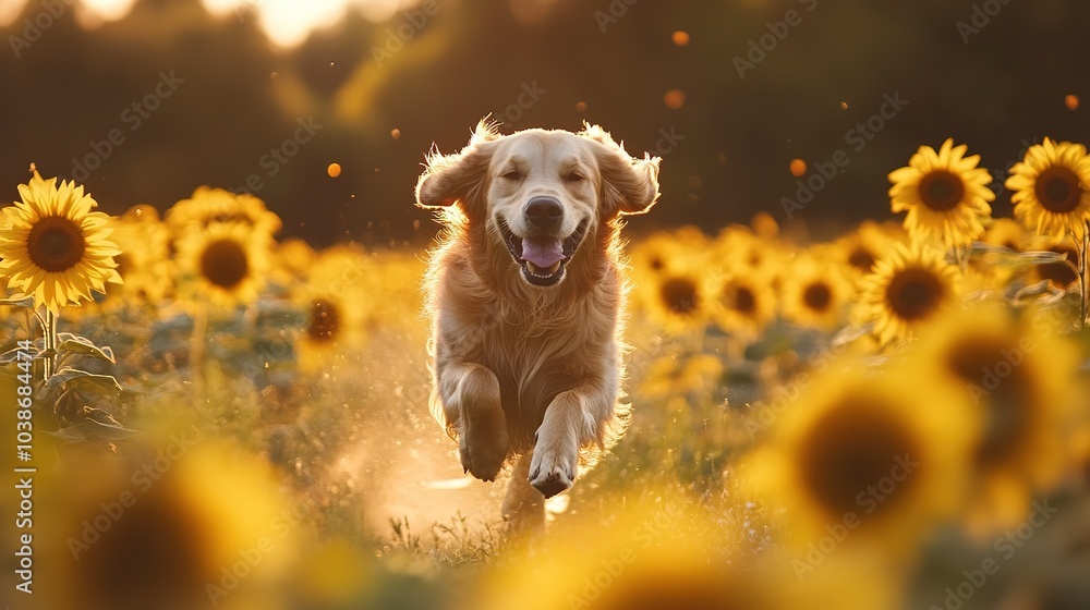 A golden retriever joyfully runs through a sunflower field during a sunny afternoon in late summer A golden retriever joyfully runs through a sunflower field during a sunny afternoon in late summer