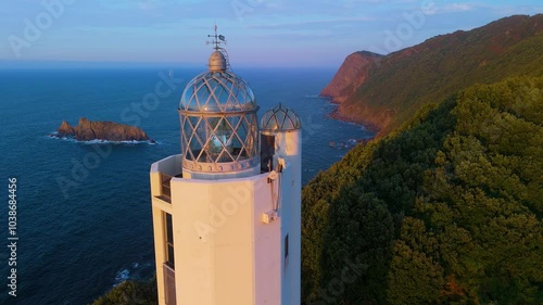 Aerial view from a drone of the Gorliz lighthouse, located on Cape Billano, between Gorliz and Armintza. Gorliz. Province of Bizkaia. Basque Country. Spain. Europe photo