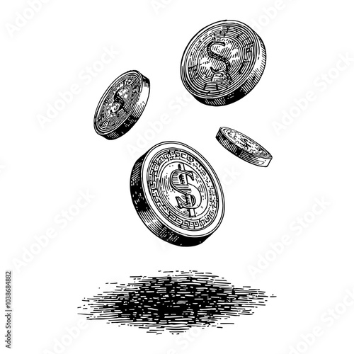 Coins Falling with Detailed Dollar Symbol in Black and White Outline Line Art Drawing