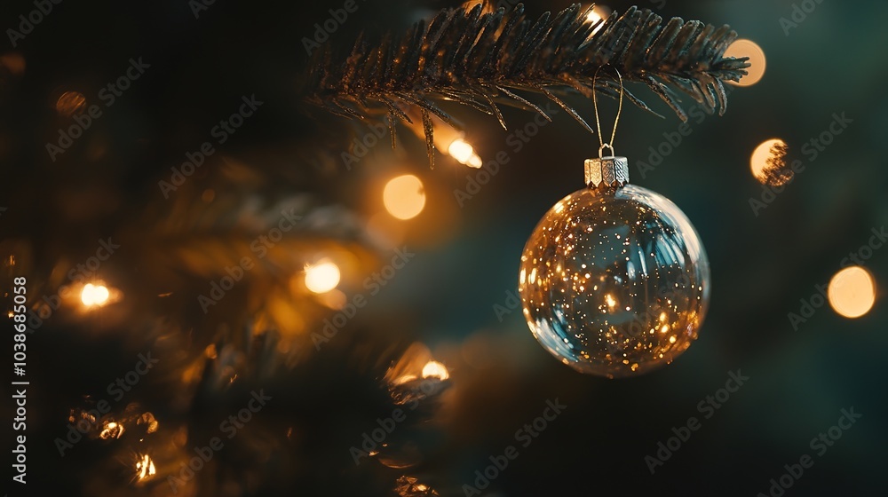 Glowing Christmas bauble on festive tree with lights. Glowing Christmas bauble on festive tree with lights.