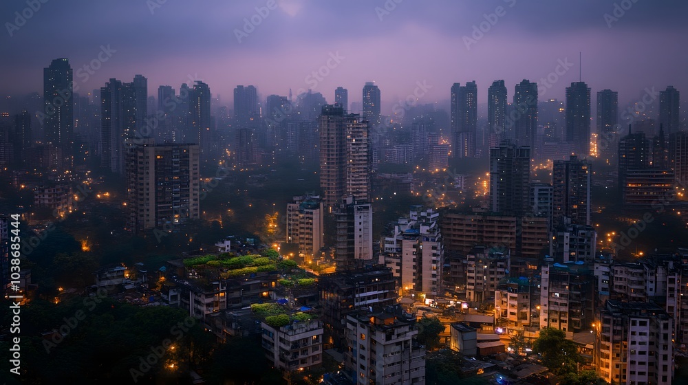 City skyline with high-rise buildings in evening fog City skyline with high-rise buildings in evening fog