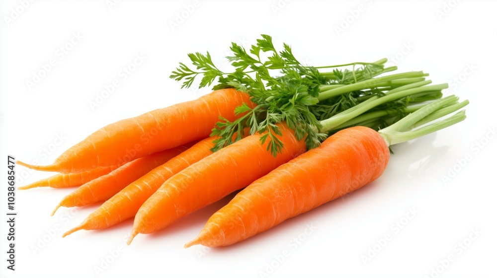 bunch of bright orange carrots with green tops, isolated on a white background, their edges well-defined and sharp. bunch of bright orange carrots with green tops, isolated on a white background, their edges well-defined and sharp.