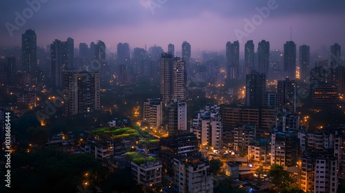 City skyline with high-rise buildings in evening fog