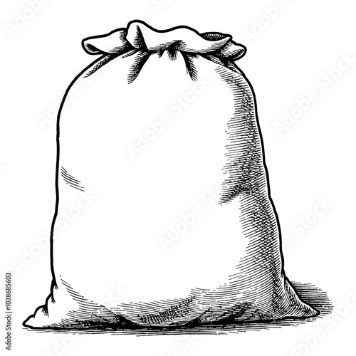 Fabric Sack with Gathered Top Vintage Black and White Outline Line Art Drawing