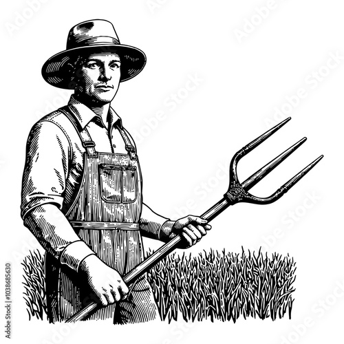 Farmer Holding a Pitchfork in Detailed Black and White Outline Line Art Drawing in Field Scene