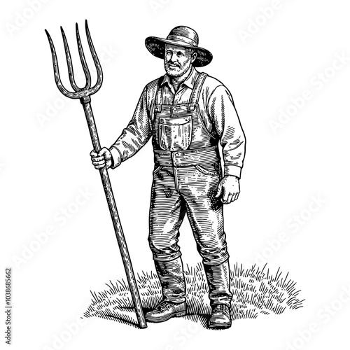 Farmer Holding a Pitchfork in Vintage Black and White Outline Line Art Drawing in Field Setting