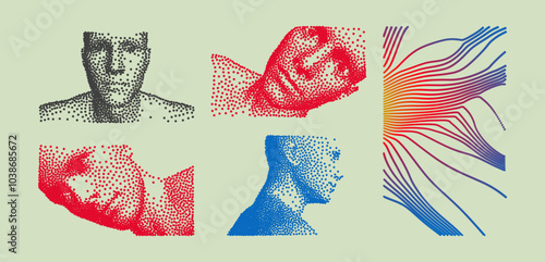 Abstract digital human head. Profile and facial portrait. Time to think. Giving it a little thought. Array with dynamic emitted particles. 3d vector for poster, cover, brochure or presentation.