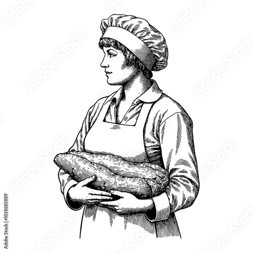 Female Baker Holding Bread in Traditional Black and White Outline Line Art Drawing with Apron and Hat