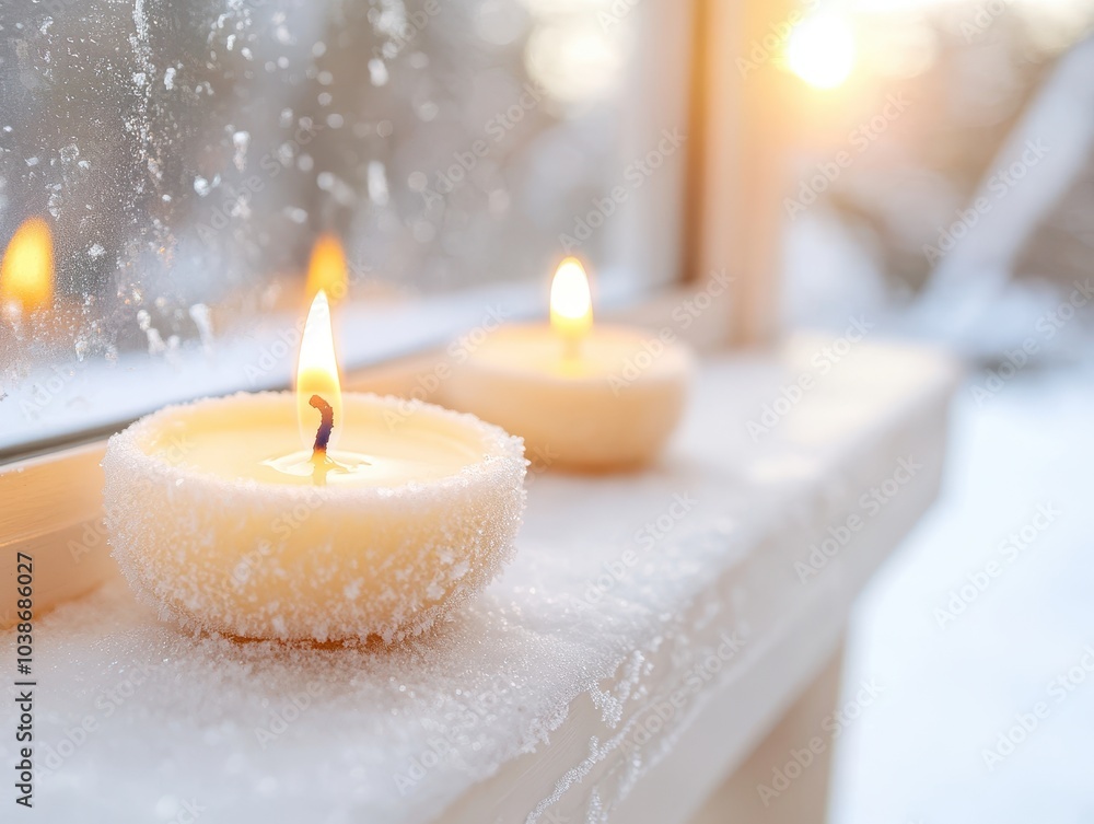 Cozy Candles Burning on Windowsill with Soft Light Cozy Candles Burning on Windowsill with Soft Light