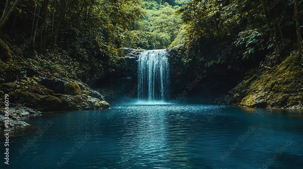 Obraz premium A serene tropical waterfall cascading into a crystal-clear turquoise pool surrounded by lush greenery