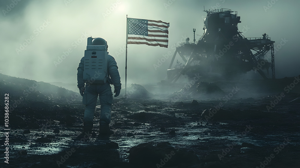 Fototapeta premium The American Flag on the Moon: An AstronautÆs Journey Toward a New Frontier
