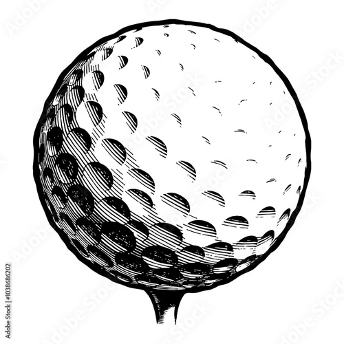 Golf Ball in Detailed Vintage Black and White Outline Line Art Drawing with Shadow Effect