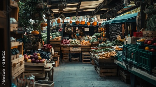 Vibrant market filled with fresh fruits and vegetables on a sunny day in a bustling street