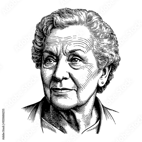 Grandma Portrait in Vintage Style Black and White Outline Line Art Drawing With Detailed Features