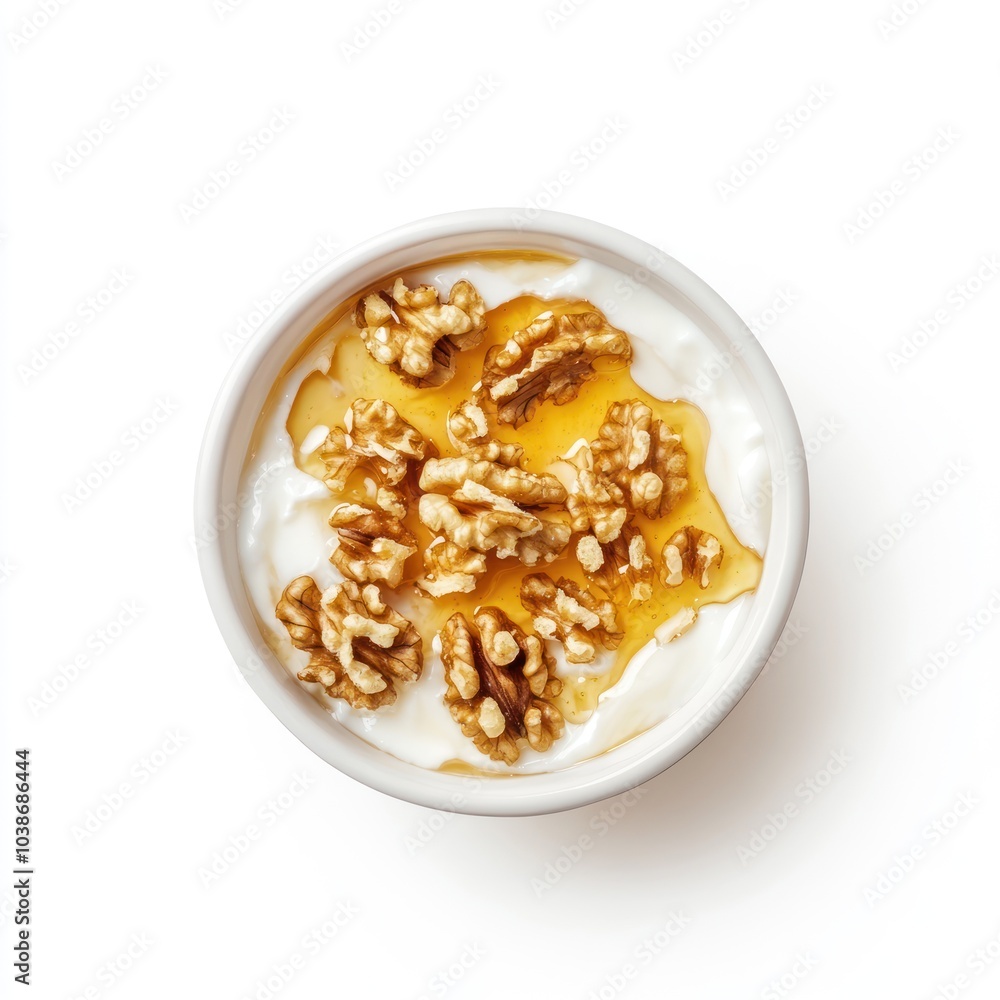A bowl of yogurt topped with walnuts and honey, representing a healthy snack option. A bowl of yogurt topped with walnuts and honey, representing a healthy snack option.