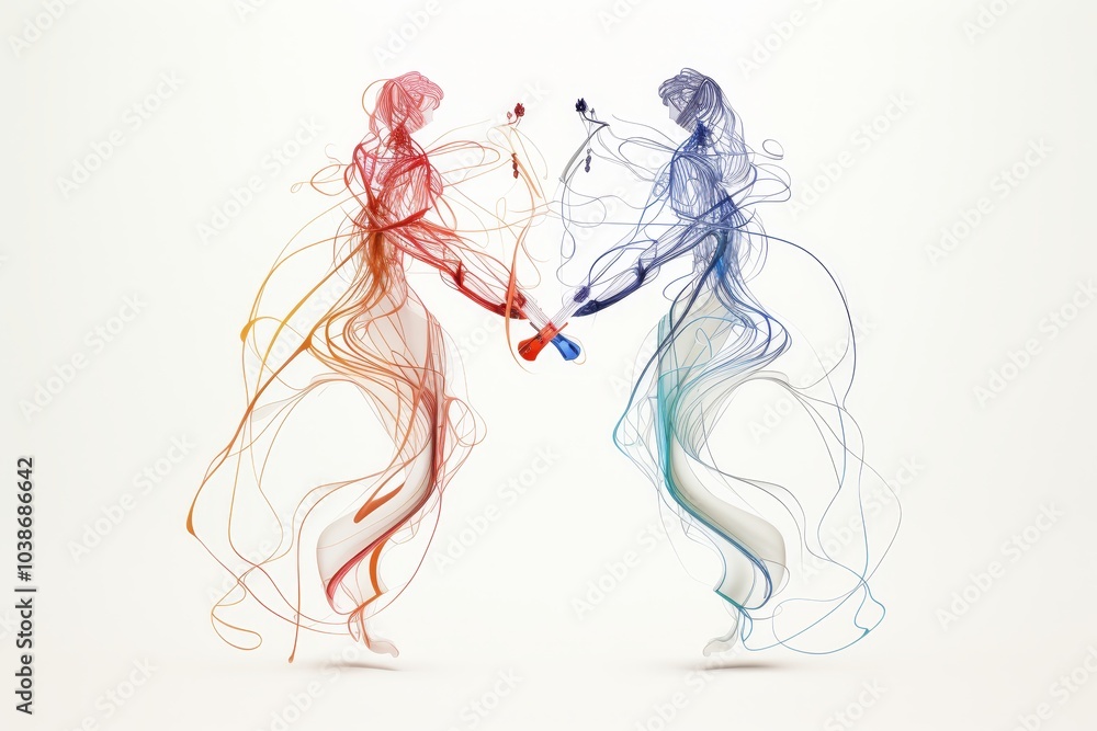 Dancing figures and musical instruments rendered in streamlined lines with soft pastel colors Dancing figures and musical instruments rendered in streamlined lines with soft pastel colors
