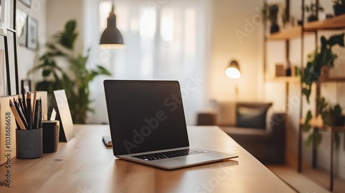 Wallpaper Mural Cozy home office setup featuring an elegantly designed desk and laptop in a sunlit room with plants and soft lighting Torontodigital.ca