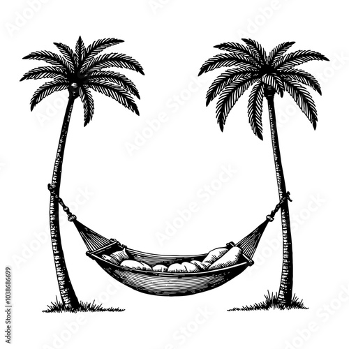 Hammock Suspended Between Two Palm Trees in Black and White Outline Line Art Drawing