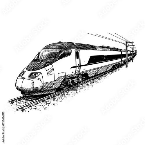 High Speed Rail Train Black and White Outline Line Art Drawing with Detailed View