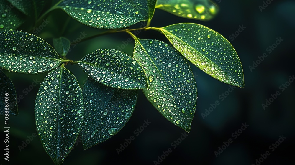 Close-up of lush green leaves with dewdrops, illuminated by soft morning light in a tranquil garden setting Close-up of lush green leaves with dewdrops, illuminated by soft morning light in a tranquil garden setting