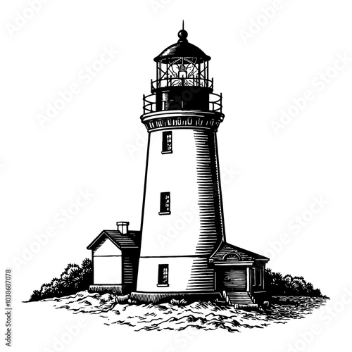 Lighthouse in Logo Style with Detailed Black and White Outline Line Art Drawing
