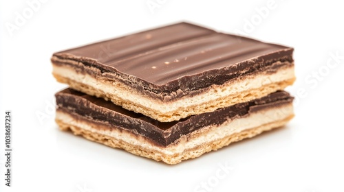 Close-up of a broken chocolate wafer block with visible layers of wafer and chocolate filling, isolated on white.