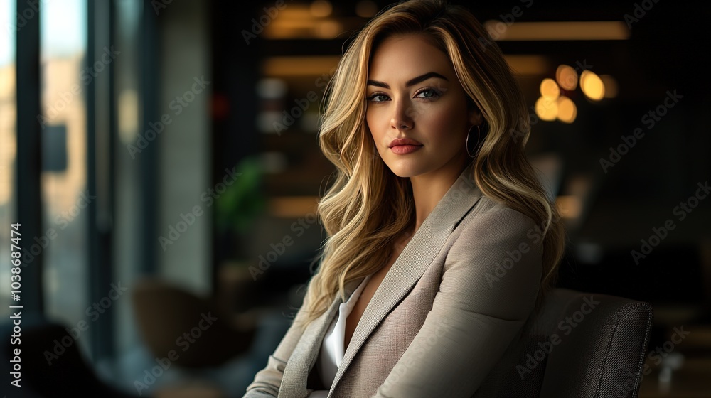 A woman with long blonde hair poses confidently in a modern urban setting during golden hour, showcasing elegance and sophistication A woman with long blonde hair poses confidently in a modern urban setting during golden hour, showcasing elegance and sophistication