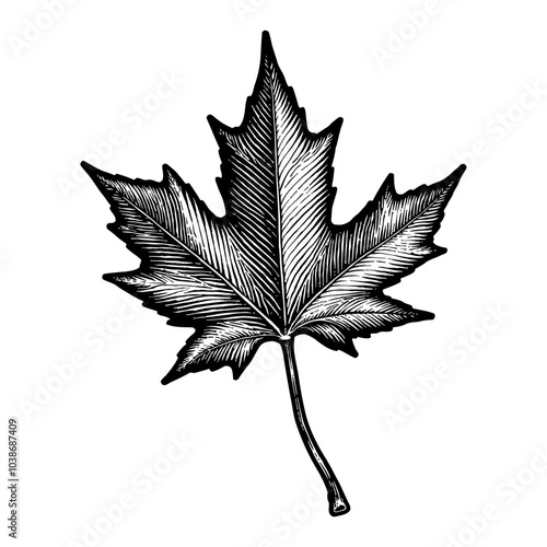 Maple Leaf Black and White Outline Line Art Drawing with Detailed Veins