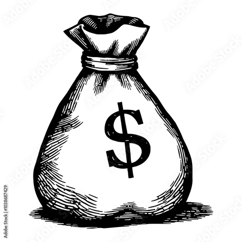 Money Bag with Dollar Symbol Black and White Outline Line Art Drawing Detailed Illustration