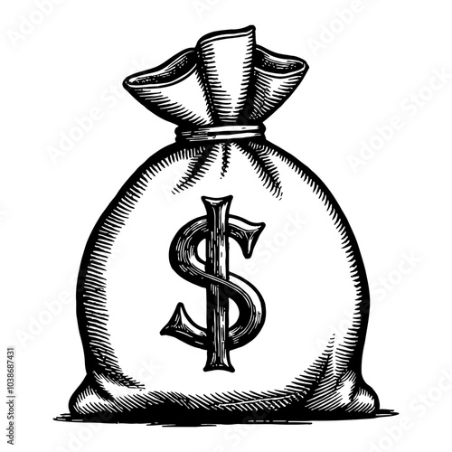Money Bag with Dollar Symbol in Black and White Outline Line Art Drawing Style