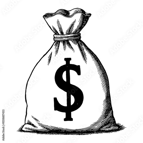 Money Bag with Dollar Symbol Black and White Outline Line Art Drawing Illustration