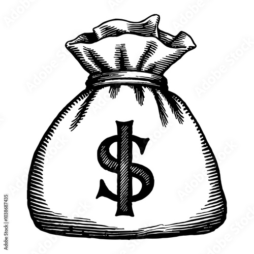Money Bag with Dollar Symbol in Black and White Outline Line Art Drawing for Financial Design