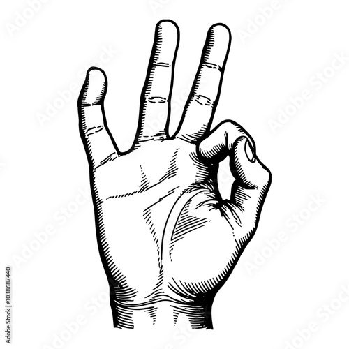 Okay Hand Gesture in Retro Black and White Outline Line Art Drawing with Detailed Sketching