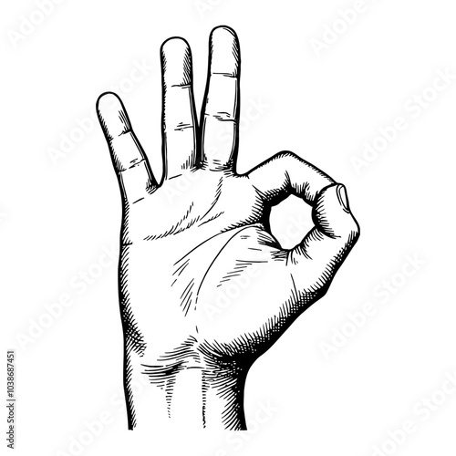 Okay Hand Gesture Displayed in Detailed Black and White Outline Line Art Drawing Style
