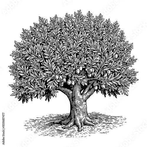 Olive Tree with Fruit and Soil in Detailed Black and White Outline Line Art Drawing