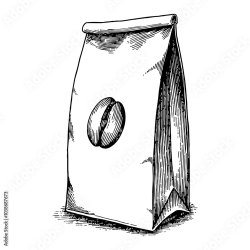 Paper Bag Packaging with Coffee Bean Logo in Black and White Outline Line Art Drawing