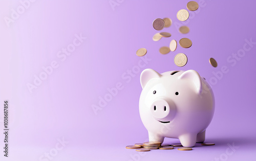 Coins falling to pink piggy saving , Financial and money deposit concept,purple background