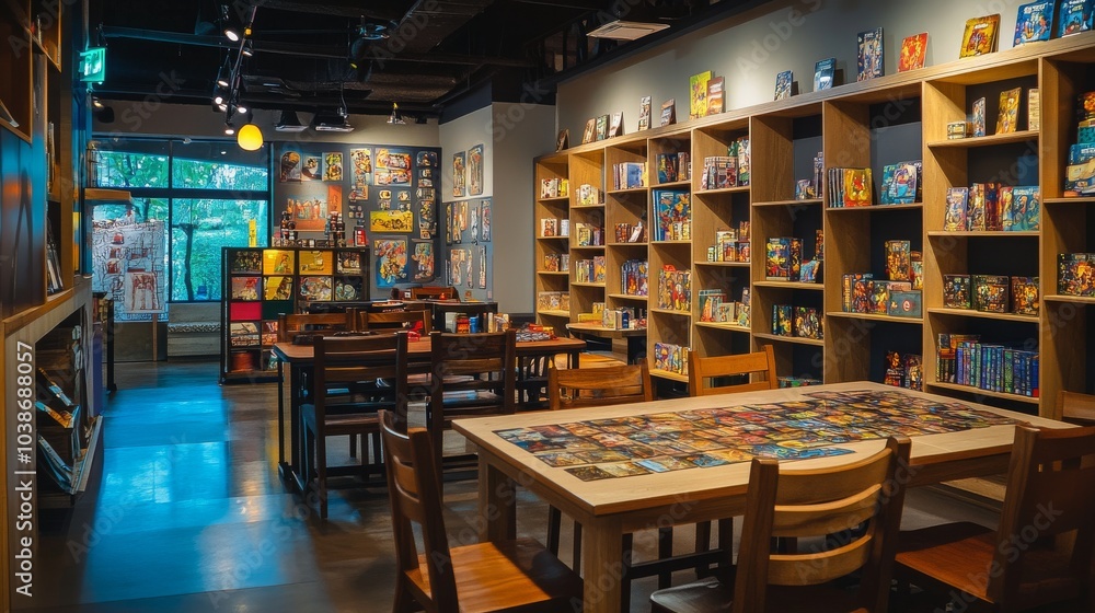 A vibrant board game cafe with board games and comfortable seating, Gaming tools and friendly ambiance meticulously arranged, Social gamer style A vibrant board game cafe with board games and comfortable seating, Gaming tools and friendly ambiance meticulously arranged, Social gamer style